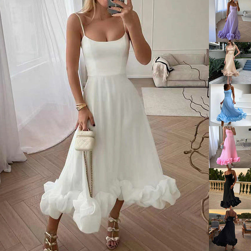 Robe Longue à Bretelles & Fleurs Volumineuses