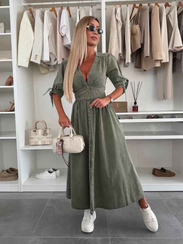 Robe boutonnée col V – Casual en denim léger