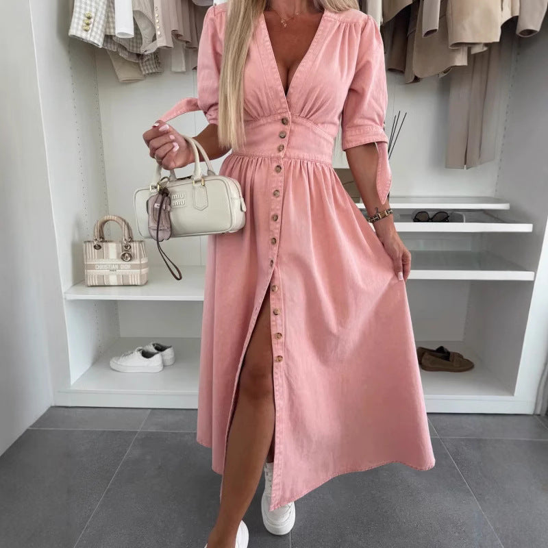 Robe boutonnée col V – Casual en denim léger