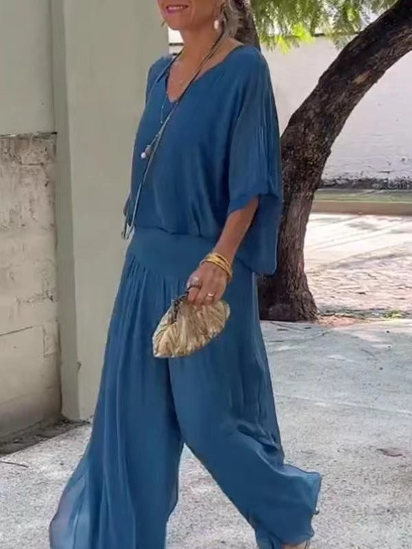 Duo Chic & Léger – Haut Blouse + Pantalon Évasé