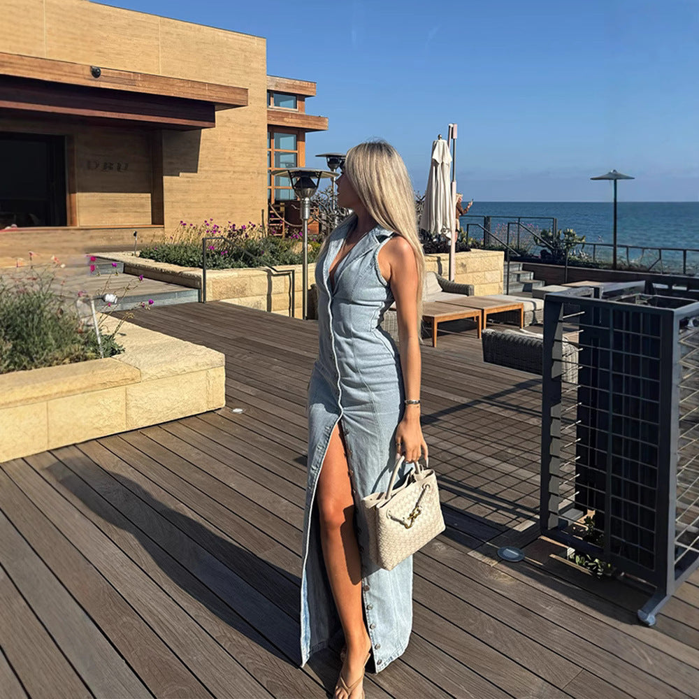 Robe Longue Chemise en Jean – Sans Manches & Fente Haute