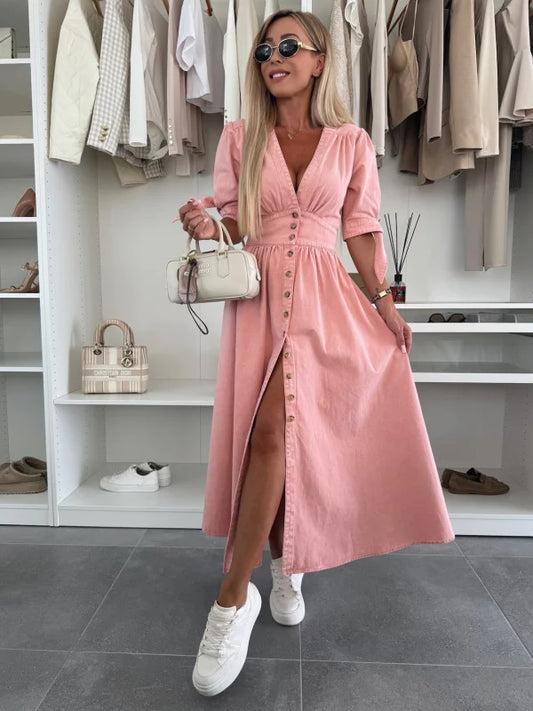 Robe boutonnée col V – Casual en denim léger