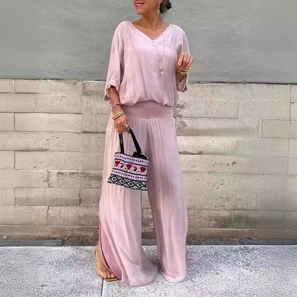 Duo Chic & Léger – Haut Blouse + Pantalon Évasé