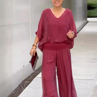 Duo Chic & Léger – Haut Blouse + Pantalon Évasé