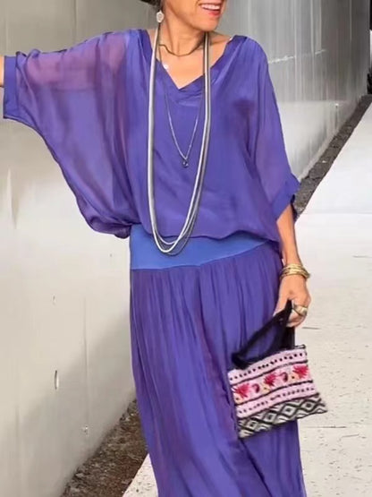 Duo Chic & Léger – Haut Blouse + Pantalon Évasé