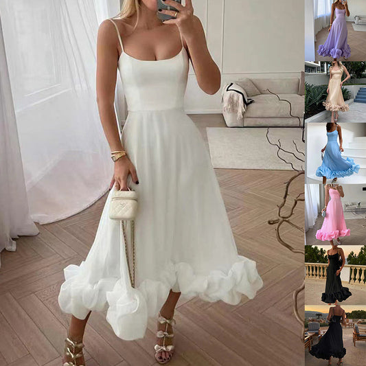 Robe Longue à Bretelles & Fleurs Volumineuses