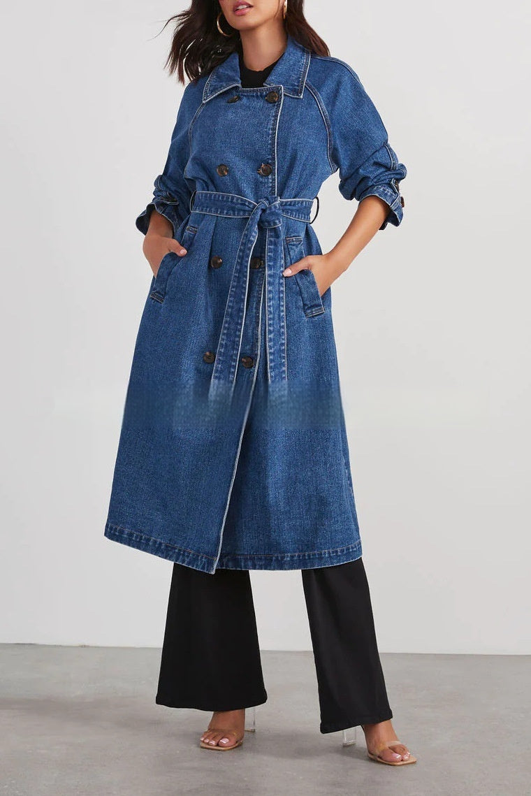 Trench long en denim femme ceinturé – disponible chez Beloreva