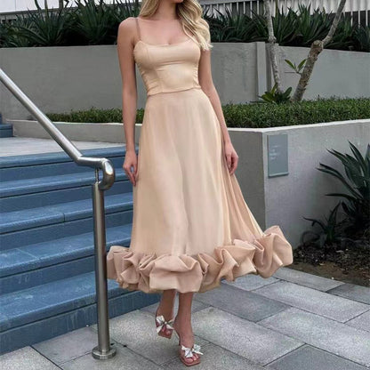 Robe Longue à Bretelles & Fleurs Volumineuses